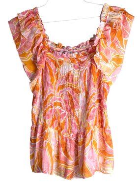 Nanette Lepore Women's Ruffle Sleeve Hem Smock Top Coral Size Large